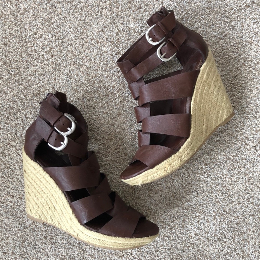 Brown Strappy Wedge Sandals